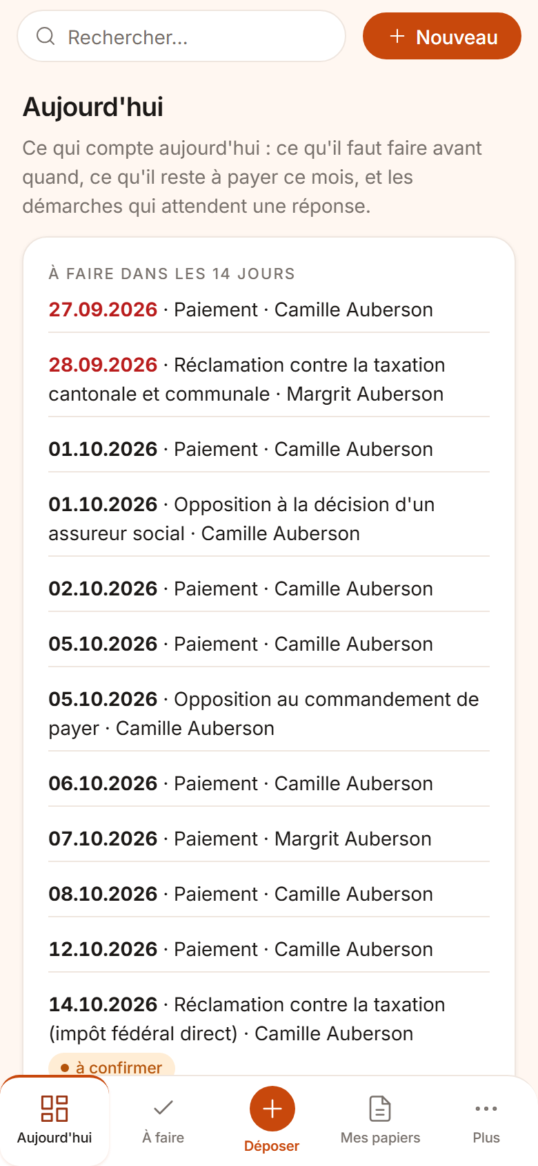 L'écran Aujourd'hui de Lex sur un téléphone : ce qu'il faut faire dans les quatorze prochains jours, date par date.